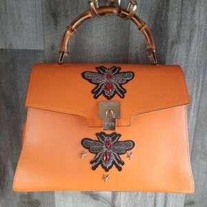 RARE🌟V.73 INGRID Satchel HANDBAG PURSE REMOVABLE Strap ORANGE V73 LEATHER SHELL